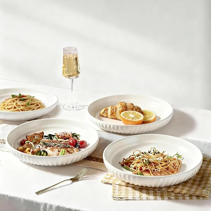 8 Inch Ceramic Pasta Bowls set of 4, 32 Oz White Serving Bowls - Microwave, Dishwasher & Oven Safe, Shallow Soup Bowls for Salad, Pasta, Cereal