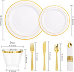 DaYammi 350PCS Gold Plastic Dinnerware Set for 50 Guests, Fancy Disposable Plates for Party, Include: 50 Dinner Plates, 50 Dessert Plates, 50 Pre Rolled Napkins with Gold Silverware, 50 Cups