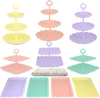 Pack of 10 NWK Cake Stand Set, with 3 x Two-Tier and 3 x Three-Tier Cupcake Stands, 4 x Appetizer Trays, 1 x Tablecloth for Birthday Bridal Baby Shower Party (Colorful)