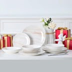 Bestone 12 Pieces Round Kitchen Dinnerware Sets,Plates and Bowls sets,Dishes, Plates, Bowls, Dish Set，Plates and Bowls,Service for 4, Orange and White Marble