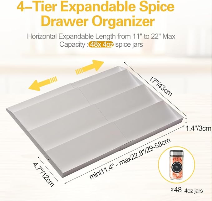 GOENDR Spice Drawer Organizer, 4-Tier Metal Spice Rack for Drawer, Expandable Seasoning Organizer Fits 11.4-22.8” Wide Drawer, Holds up to 48 Spice Jars (Not Included), White