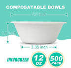 JINVOGREEN 500 Count 12 oz Paper Bowls, Disposable Compostable Bowls Bulk, Heavy Duty Biodegradable Bagasse Bowl for Snacks, Soup, and Salads, White