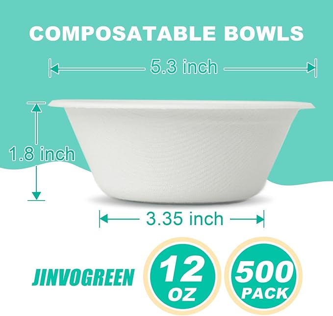 JINVOGREEN 500 Count 12 oz Paper Bowls, Disposable Compostable Bowls Bulk, Heavy Duty Biodegradable Bagasse Bowl for Snacks, Soup, and Salads, White