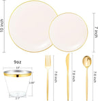 bUCLA 150PCS Ivory Plastic Plates with Gold Trim - Heavy Duty Cream Plastic Disposable for Party & Wedding - Include 25 Each（Dinner & Dessert） Plates, 25 Knives, 25 Forks, 25 Spoons & 25 Cups