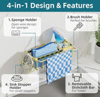 TAILI 4-in-1 Sink Caddy with Strong Suction Cup, Sponge Holder for Kitchen Sink Organizer, Removable, Rustproof, Stainless Steel Holder for Sponge, Brush, Scrubber, Scraper - Gold
