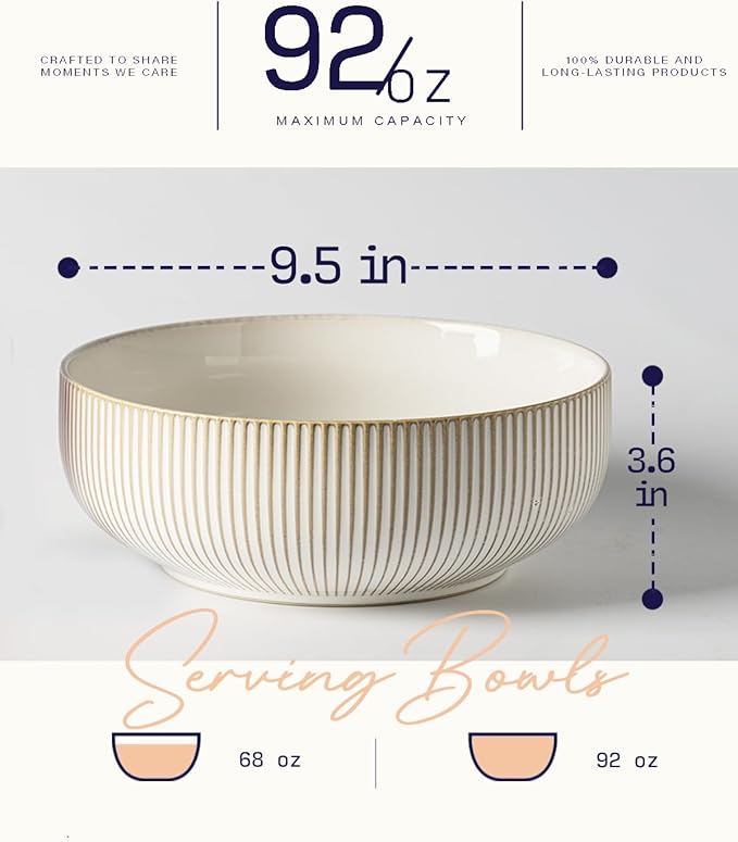 getstar Large Serving Bowls (9.5 inch & 92 fl oz), Ceramic Salad Bowl Set of 2, Microwave and Dishwasher Safe (Embossed Stripes)