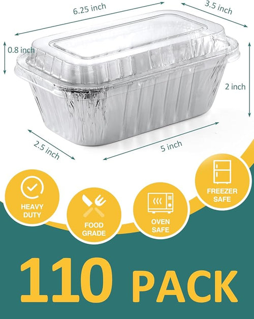 110 Pack 6x3.5x2 Disposable Aluminum Loaf Pans with Lids - 1 Lb Mini Loaf Pans, Small Aluminum Tin Foil Baking Pan, Food Containers for Baking, Cakes, Bread, Meat, Loaves