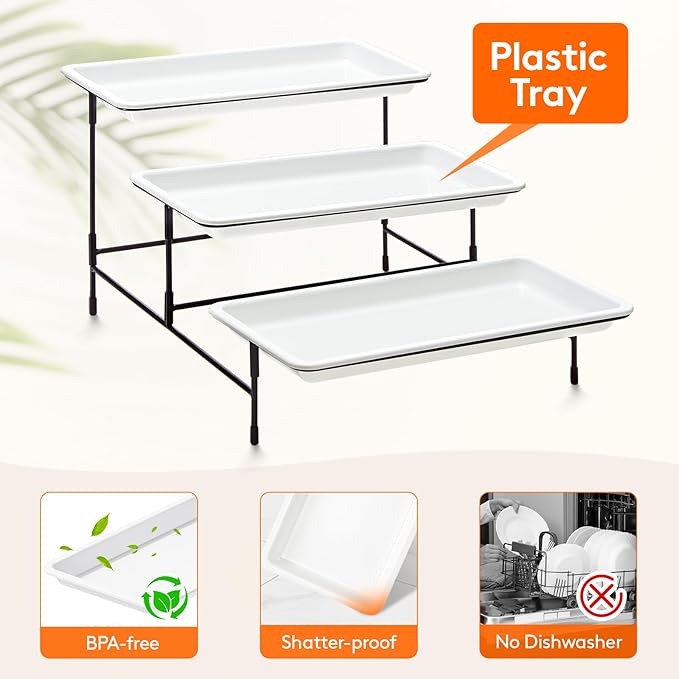 Lifewit 3 Tier Serving Tray, 30 x 17 cm/12 x 6.5 White Plastic Tiered Food Serving Platters, Tiered Tray Stand for Party with Black Collapsible Metal Stand, Dessert Display Stand for Cookies/Crackers