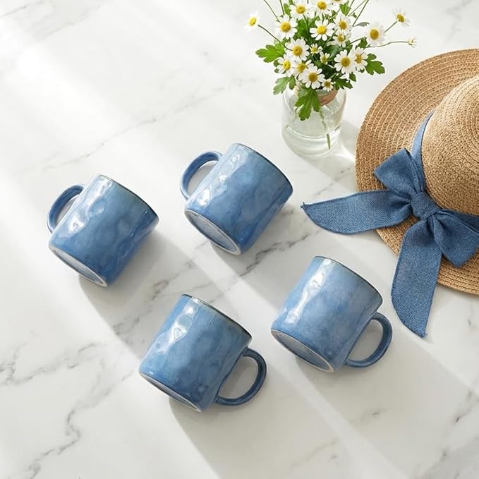 Bosmarlin Ceramic Coffee Mug Set of 4, 14 Oz, Coffee Cups with Big Handle, Microwave Safe, Unique Reactive Glaze (Blue, 14 Oz)