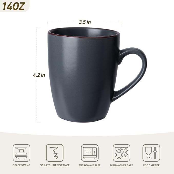 famiware Venus Coffee Mugs for 6, 14 oz Mug Set, Dringking Cup with Handle for Coffee, Tea, Cocoa, Milk, Charcoal