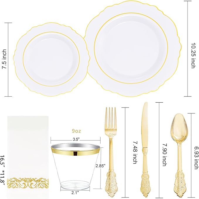 WDF Partyware 350 Pieces Gold Disposable Plates for 50 Guests, Plastic Plates for Party, Dinnerware Set of 50 Dinner Plates, 50 Salad Plate, 50 Spoons, 50 Forks, 50 Knives, 50 Cups for Mother's Day