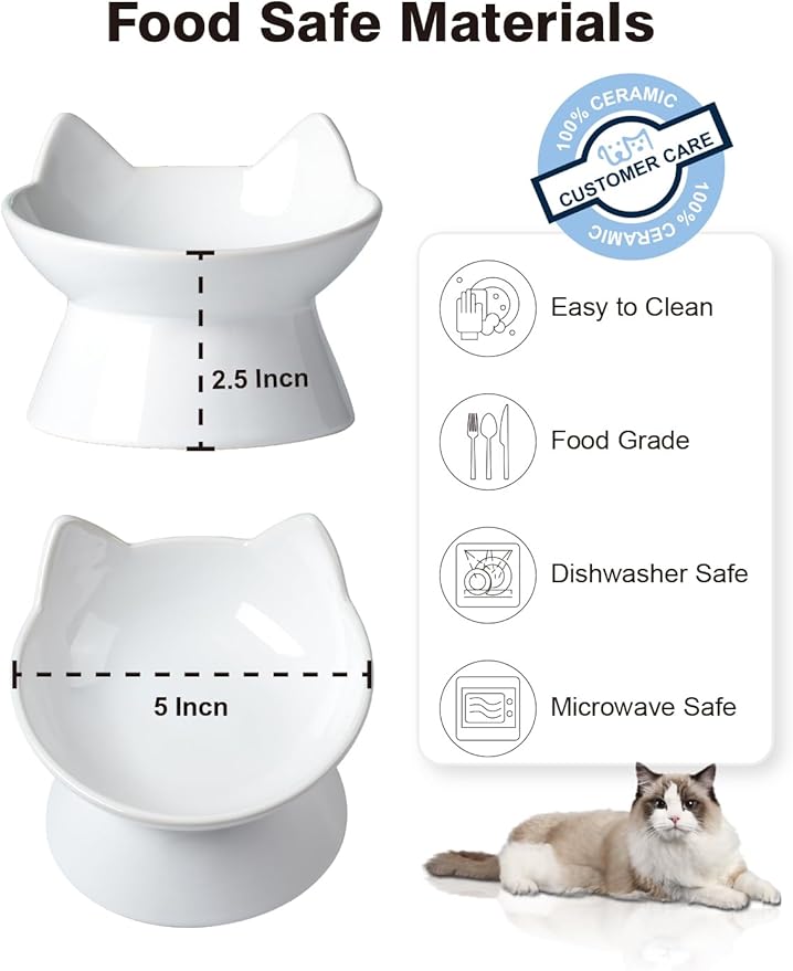 ABRUTY Cat Food Bowl, 5 OZ Ceramic Elevated Kitten Water Bowl, 15° Tilted Raised Pet Feeder, Anti Vomiting and Whisker Friendly Dishes for Fat Faced, Cat, Kitten, Small Dog