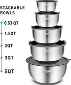 Wildone Mixing Bowls with Airtight Lids Set, 5PCS Stainless Steel Nesting Bowls for Kitchen, with Grater Attachments & Non-Slip Bottoms, Size 5, 3, 2, 1.5, 0.63 QT, Great for Mixing & Serving