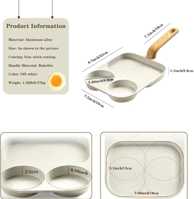 Nonstick Egg Frying Pan, Egg Frying Pan 3 Section, Aluminum Frying Pan With Heat Resistant Handle, Cooking Pan for Breakfast, Egg, Bacon and Burgers, Easy Clean, Only for Gas Stove