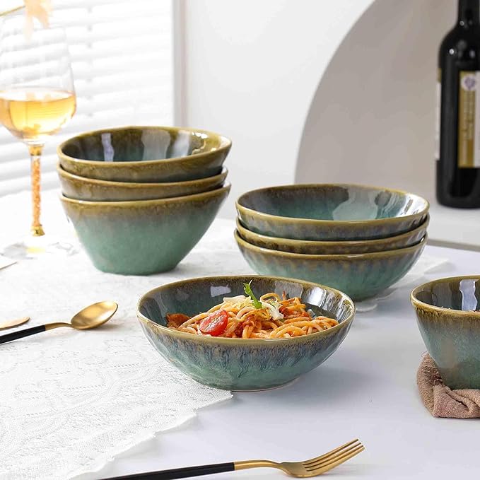 Henten Home Ceramic Soup Bowl Set, 25 oz Cereal Bowls Set of 4, Porcelain Salad Bowls Set, Stoneware Serving Bowls for Kitchen, Microwave& Dishwasher Safe, Reactive Glaze (Green)