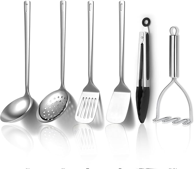 Kyraton Stainless Steel Kitchen Utensils Set 6 Pieces, Cooking Utensil Set Include Metal Spatula Sets, Skimmer, Ladle, Tongs, Potato Masher, Dishwasher Safe