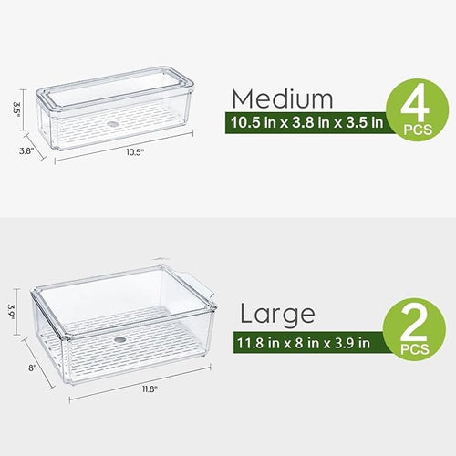 6 Pack Fridge Organizer, Stackable Refrigerator Organizer Bins with Lids, BPA-Free Fridge Organizers and Storage Containers for Fruit, Vegetable, Food, Drinks, Cereals, Clear