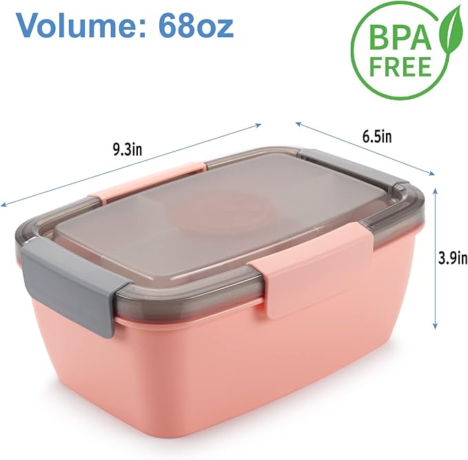 Freshmage Salad Container for Lunch, 2 Packs 68oz Large Salad Bowls with 4 Compartments, Salad Dressings Container for Salad Toppings, Snacks, Men, Women (Gray+Pink)