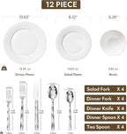 KINGSTONE 12-piece Bone China Dinnerware Set and 20-piece silverware, White Lightweight Porcelain for 4, Plates, Bowls with matching flatware, Microwave and Dishwasher Safe, for Family, Gifting