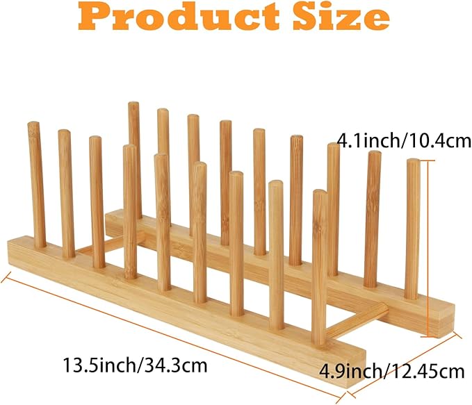 4 Pack Bamboo Wooden Dish Drying Rack, Plate Organizer for Cabinet, Plate Rack Pot Lid Holder for Dishs, Bowls, Cups, Cutting Boards and Books, Kitchen Cabinet Organizer