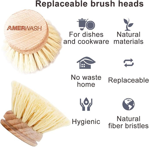 AMERWASH PLUS Classic Dish Brush Replacement Head 3 Packs, Natural Bristle Tampico Fiber for All Purpose Cleaning, Kitchen Scrubber