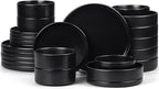 E-far Black Dinnerware Sets with Pasta Bowls, 24-Piece Stoneware Plates and Bowls Sets for 6 | Microwave & Dishwasher Safe Kitchen Modern Dish Set, Matte Black