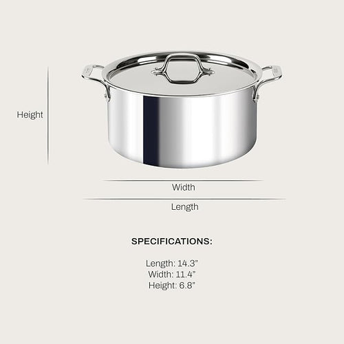 All-Clad D3 3-Ply Stainless Steel Stockpot with Lid 8 Quart, Induction, Oven Broiler Safe 600F, Silver