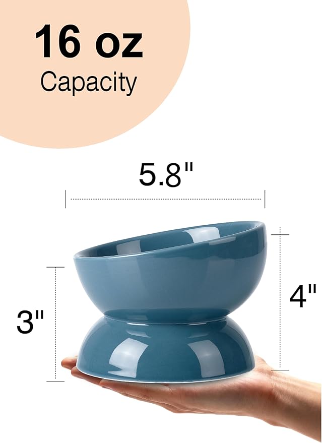 ABRUTY Cat Water Bowl, 16 OZ Ceramic Elevated Cat Bowls, 15° Tilted and Raised Pet Food Dish, Anti Vomiting Protect Pets' Spines and Whisker Fatigue, Blue