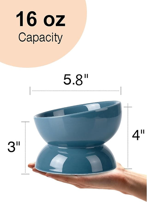 ABRUTY Cat Water Bowl, 16 OZ Ceramic Elevated Cat Bowls, 15° Tilted and Raised Pet Food Dish, Anti Vomiting Protect Pets' Spines and Whisker Fatigue, Set of 2, Blue