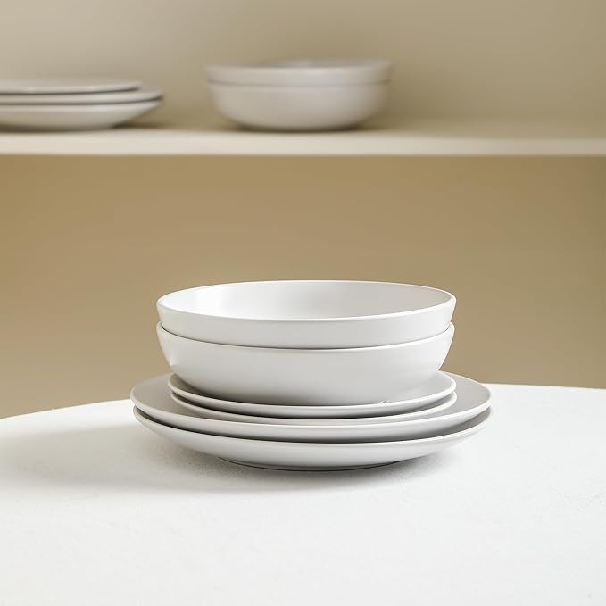 Earth & Clay Mia 12-Piece Stoneware Dinnerware Set, Plates and Bowls Set, Dishwasher and Microwave Safe, Dish Set for 4, White