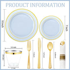 WDF Partyware 175PCS Blue Plates Disposable - Baby Blue Plastic Plates - 25Guests Plastic Dinnerware with Rolled Napkins for Wedding/Birthday/Baby Shower
