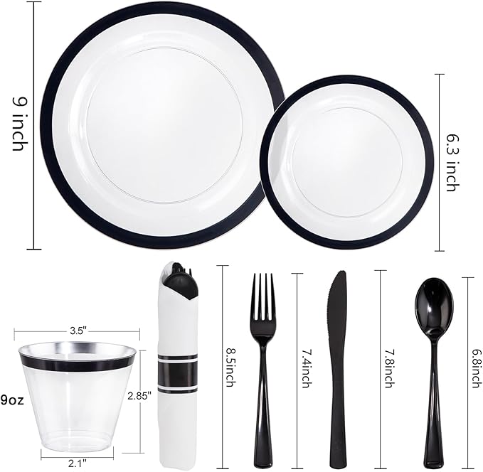 Liacere 350PCS - Clear Plates with Black Rim for 50Guests Dinnerware Include 100 Clear Plates disposable 150 Black Silverware 50 Napkins for Party & Graduation