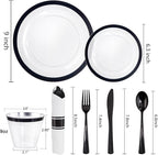 Liacere 350PCS - Clear Plates with Black Rim for 50Guests Dinnerware Include 100 Clear Plates disposable 150 Black Silverware 50 Napkins for Party & Graduation