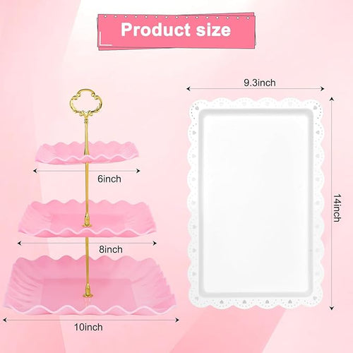 5 Pcs Dessert Display Stands, 2pcs Dessert Stands 3 Pcs Tray, Pink Dessert Display Stands, Treat Table Displays Set for Wedding Baby Shower Tea Party, Ease of Cleaning and Assembly