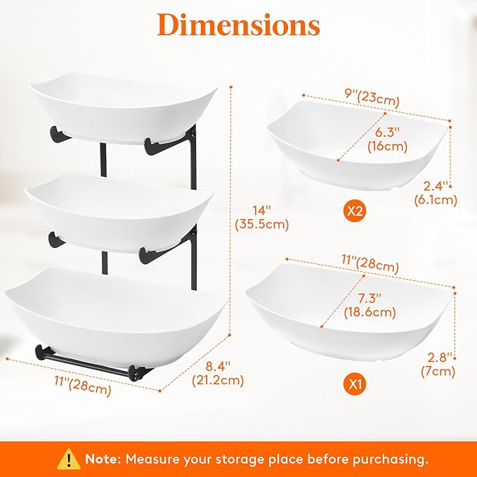Lifewit Plastic Fruit Bowl for Kitchen Counter, 3 Tier Fruit Basket with Black Metal Stand, Tiered Fruit Holder for Countertop Serving Tray for Vegetable/Dessert in Party 28 x 21 x 35cm/11 x 8.4 x 14