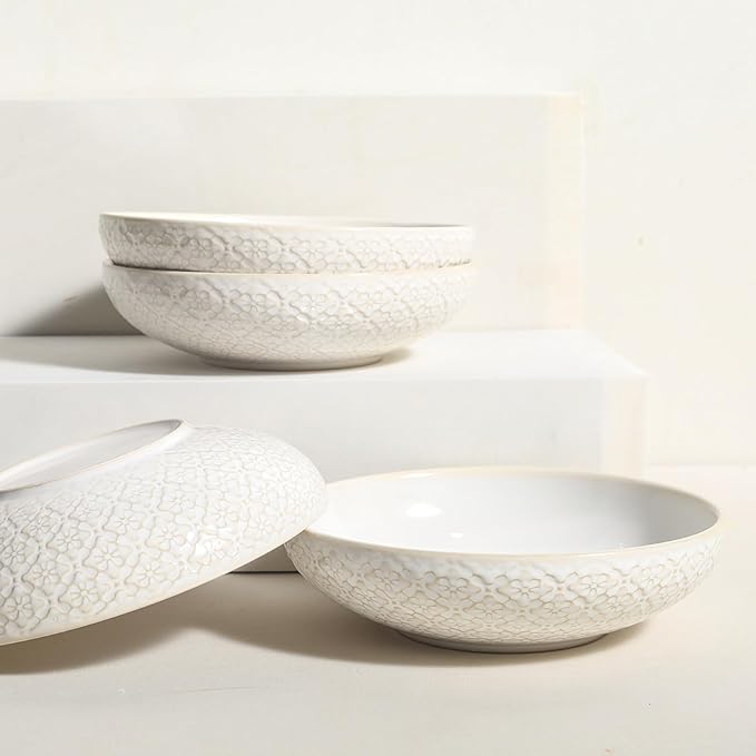 22 Oz Pasta Bowls Set of 4 - Ceramic Soup Bowls, 8inch Large Serving Bowl, Porcelain Kitchen Embossed Dish for Salad, Fruit, Rice, Desserts, Housewarming Present, Dishwasher Safe