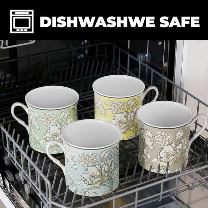Ceramic Coffee Mugs Set of 4, 12 Oz Floral Pattern, Microwave and Dishwasher Safe, Comfortable Handles, Gifts for Women and Men, for Coffee, Tea, Latte, Cappuccino