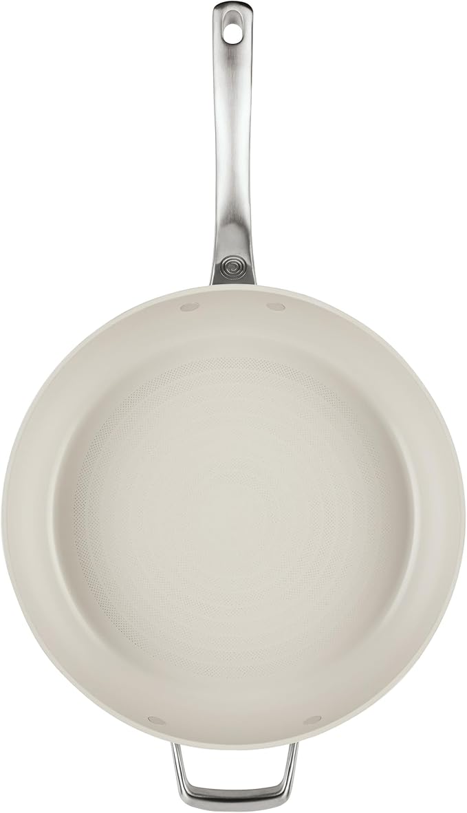 Circulon Halo with LaserDefense Ceramic Nonstick Frying Pan with Helper Handle and Lid, Made without PFAS, Compatible with All Stovetops, Dishwasher and Oven Safe, 12 Inch Skillet - Pearl White