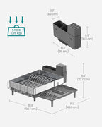 SONGMICS Large Dish Drying Rack, Expandable Dish Dryer for Kitchen Counter, Stainless Steel Dish Rack with Rotatable Spout, Utensil, Cup, Glass, Cutting Board, Pan Holders, Silver and Gray UKCS037G01
