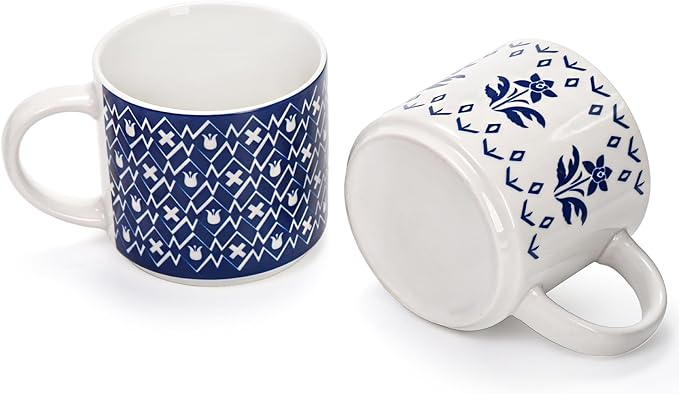 Eorbow 4 Pack Ceramic Coffee Mug Set with Rack, 16 OZ Stackable Cappuccino Cups with Metal Stand, Blue and White Porcelain Tea Mugs for Latte, Americano, Milk, Hot Cocoa, Beverages, Microwave Safe