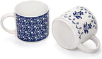 Eorbow 4 Pack Ceramic Coffee Mug Set with Rack, 16 OZ Stackable Cappuccino Cups with Metal Stand, Blue and White Porcelain Tea Mugs for Latte, Americano, Milk, Hot Cocoa, Beverages, Microwave Safe