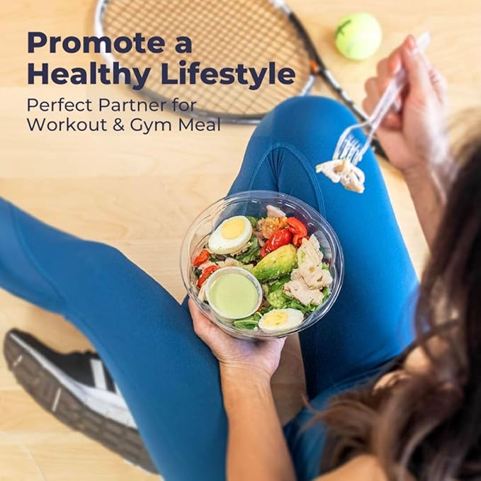 Fit Meal Prep 50 Pack 18 oz Disposable Plastic Clear Salad Bowls with Airtight Lids - To Go for Lunch, Takeout, Party, Catering, Picnic