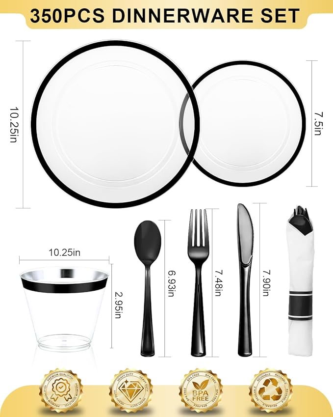 BESTVIP 350Pcs Clear Black Plastic Plates for Party, Disposable Dinnerware Set for 50 Guests, 100 Plastic Plates, 50 Cups, 50 Pre-Rolled Napkins with Cutlery for Graduation Party, Wedding, Halloween