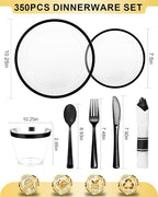 BESTVIP 350Pcs Clear Black Plastic Plates for Party, Disposable Dinnerware Set for 50 Guests, 100 Plastic Plates, 50 Cups, 50 Pre-Rolled Napkins with Cutlery for Graduation Party, Wedding, Halloween