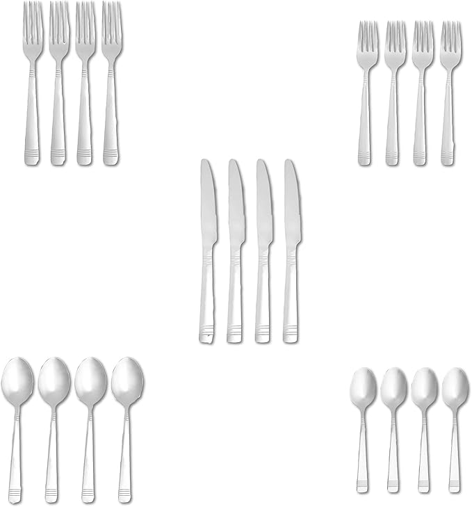Amazon Basics Silverware, 20-Piece Stainless Steel Flatware Set, Dishwasher Safe, Service for 4, Bistro