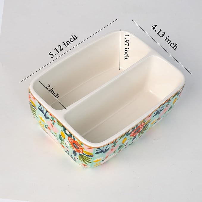 2 Compartments Ceramic Sponge Holder for Kitchen Sink, Cute Floral Countertop Dish Sponges Holder Soap Sink Organizer Farmhouse Caddy (Mint Green)