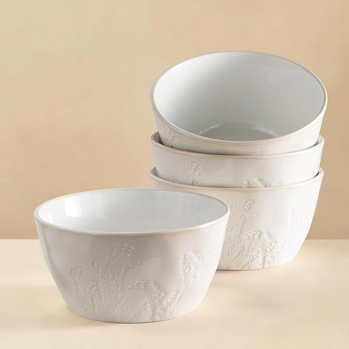 DOWAN 32 OZ Bowls, Soup Bowl Set of 4, Large Ceramic Bowls for Soup, Cereal, Pasta Bowls, Embossed Floral Design, Stackable, Microwave & Dishwasher Safe, for Ramen and Salad