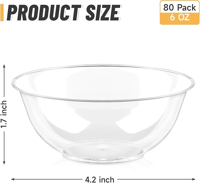Qeirudu 6 oz Mini Clear Plastic Bowls, 80 Pack Disposable Hard Plastic Party Serving Bowls for Fruit, Desserts, Parfaits, Ice Creams, Snacks