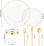 bUCLA 180PCS Clear Plastic Plates with Gold Trim - Clear Gold Plastic Dinnerware Include 30 Dinner & Dessert Plates, 30 Knives, 30 Forks, 30 Spoons and 30 Cups for Party