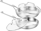 Tri - Ply Stainless Steel Frying Pan Set 8" 10" Skillets with Tempered Glass Lids Durable, Ideal for Eggs, Induction Compatible up to 600°F